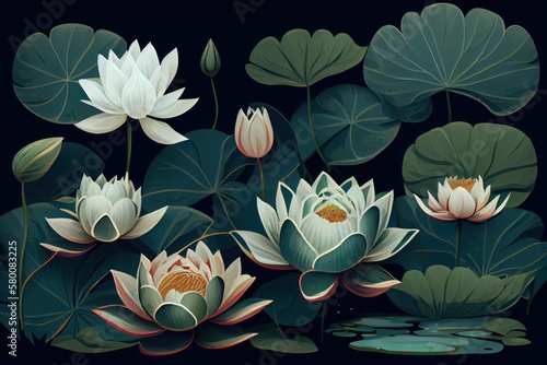 A pattern of water lilies on a green background. Generative AI