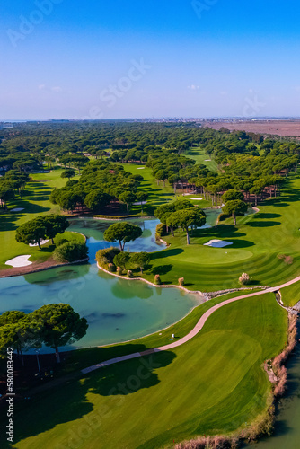 Golf field with green grass and trees, Aerial top view © Parilov