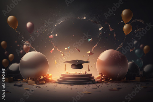 Festive graduation celebration party with balloons. Illustration AI Generative