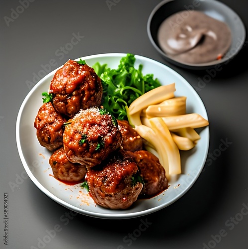 Meatballs with pasta and vegetables. Delicious food