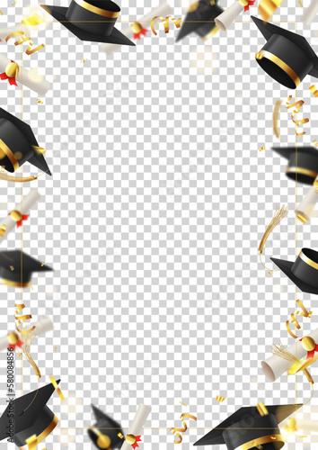 Decorative poster for graduation. 3d falling graduation scrolls and caps, golden confetti and serpentine, frame on checkered background. Vector illustration for decoration social media, banners.