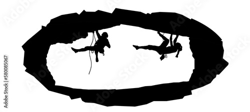 Climb climbers adventure hobby vector illustration for logo - Black silhouette of a ellipse frame and climber woman and man on a cliff rock
