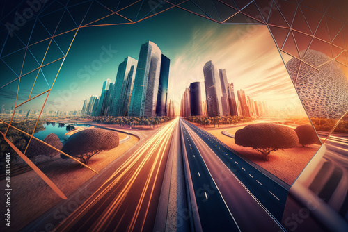 Smart city and polygon pattern connection with speed line. Illustration AI Ge...