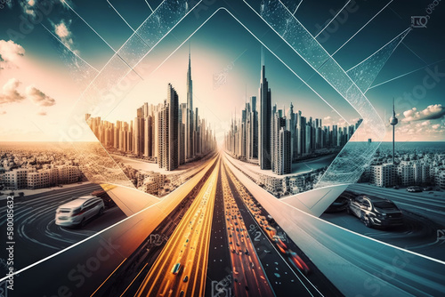 Smart city and polygon pattern connection with speed line. Illustration AI Ge...