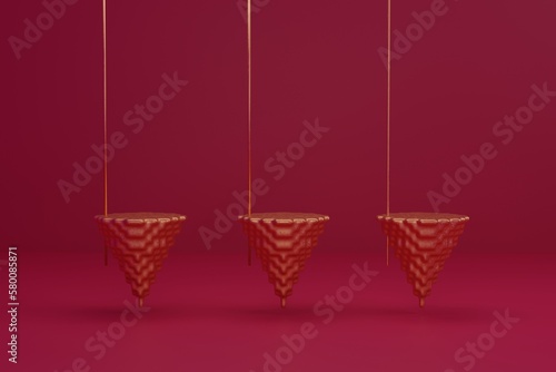 Abstract background, mock up scene with golden cone pixelated podiums on magenta background. 3d rendering.