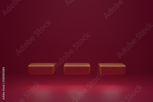 Abstract background, mock up scene with golden floating and glowing cube podiums on magenta background. 3d rendering.