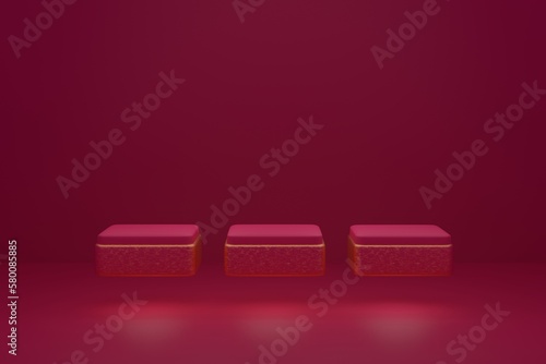 Abstract background, mock up scene with magenta and golden floating and glowing cube podiums on magenta background. 3d rendering.