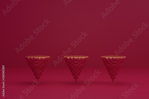 Abstract background, mock up scene with magenta and golden cone pixelated podiums on beige background. 3d rendering.
