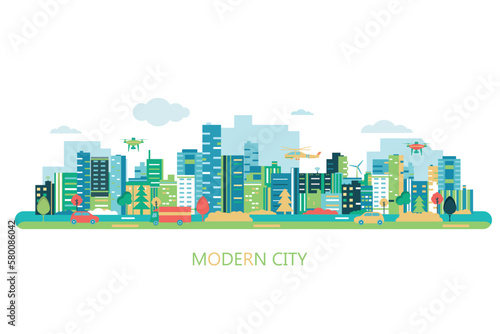 Vector poster with modern city view. Smart city. © daudau992