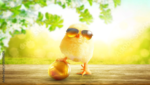 Funny cute baby chick with sunglasses and egg.