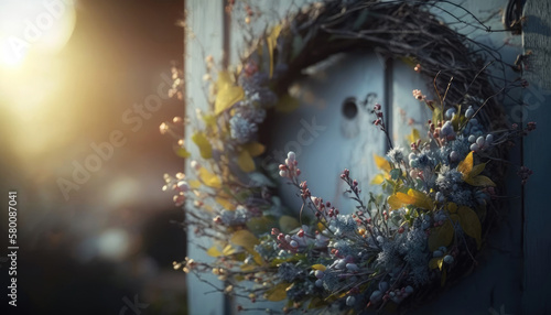 Spring flower wreath on light blue door with a sunshine bokeh glow