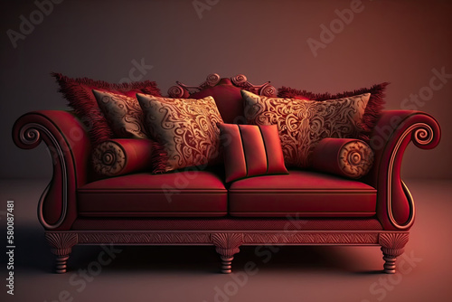 Crimson red colored sofa with cushions. Interior design illustration of a couch reated using generative AI tools.