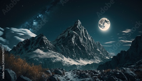Mountain Landscape with Night Sky Background Overlooking the Stars and Moon. With Licensed Generative AI Technology Assistance.