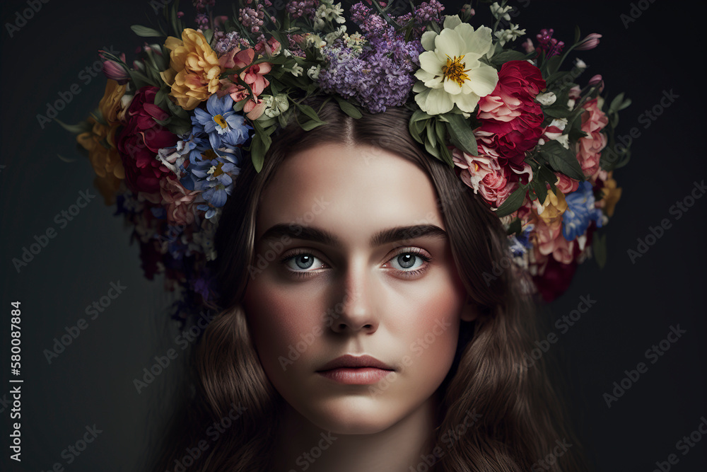 Portrait of a beautiful young woman with wreath of flowers on her head, woman with flowers on head, summer and female beauty concept, beautiful curly hair, generative ai