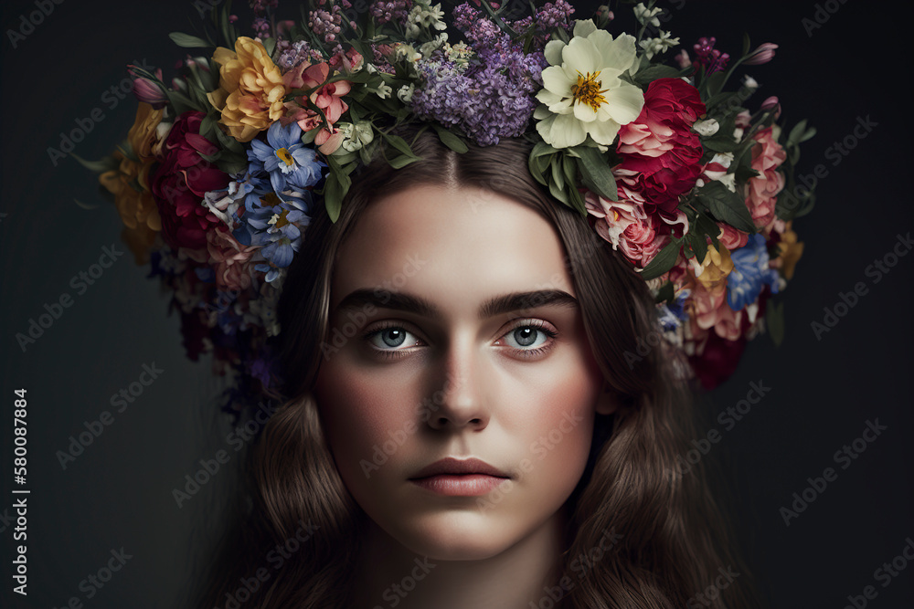 Naklejka premium Portrait of a beautiful young woman with wreath of flowers on her head, woman with flowers on head, summer and female beauty concept, beautiful curly hair, generative ai
