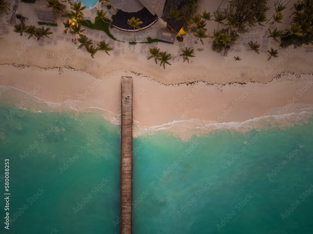 Shooting from the air. Sea coast, white sandy beach, palm trees on the shore. Wooden bridge. Beautiful nature, deserted place. Recreation, relaxation, ecology, tourism.