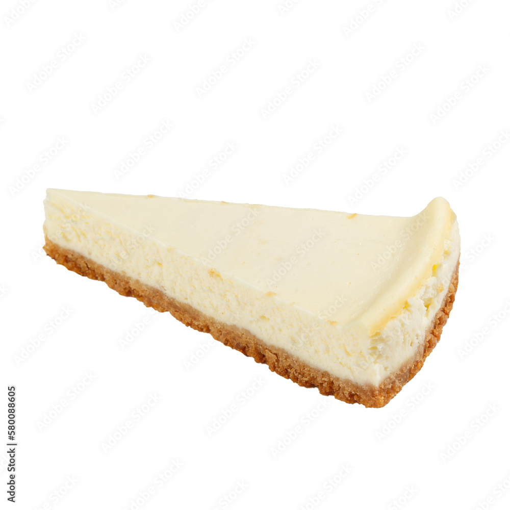 A piece of cheesecake isolated on white background. Top view.