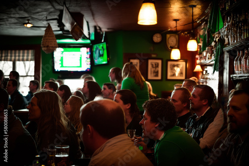 St Patrick's Day pub | A cozy pub with warm, amber lighting and a lively atmosphere, packed with patrons dressed in green and adorned with shamrock accessories. Ai