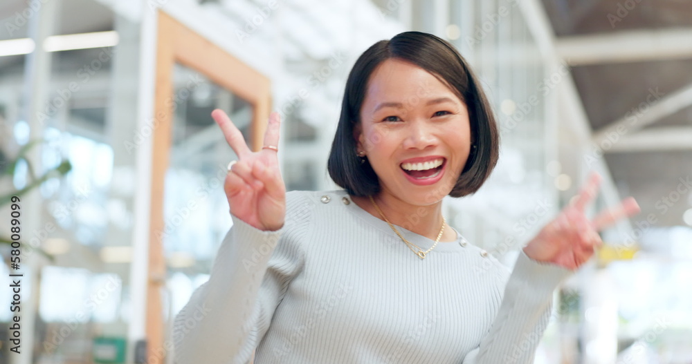 peace-sign-happy-asian-woman-and-face-of-success-motivation-or-pride