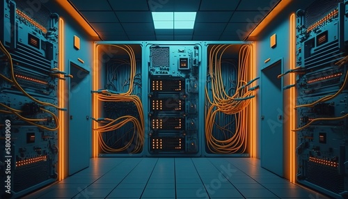 Data center, server room, network operations center, future computing, racks of computers. Big data technology. Generative AI.