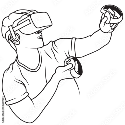 Person in virtual reality headset. VR headset googles. Virtual reality line art icon, symbols, logos, drawings, illustrations, signs, doodles for web, business, online. Vector illustration