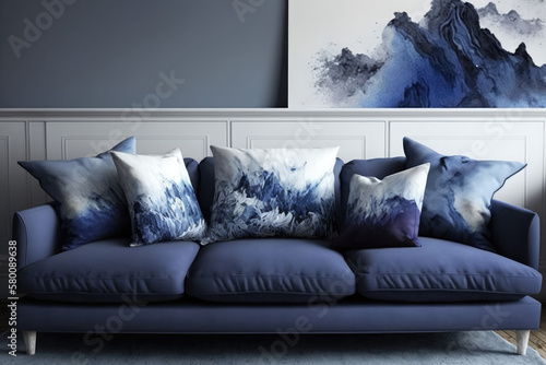 Indigo colored sofa with cushions. Interior design illustration of a couch reated using generative AI tools. © Salander Studio