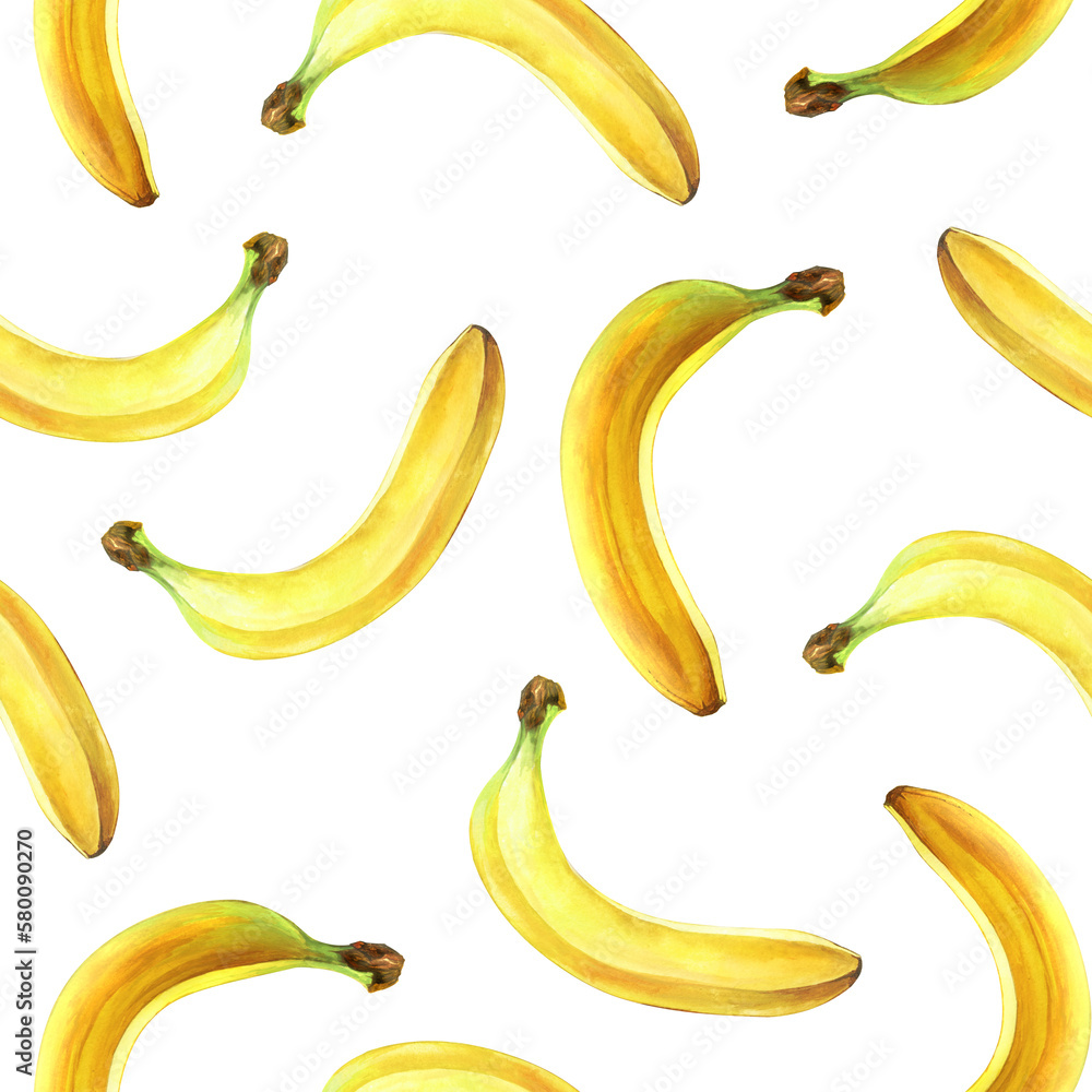 Seamless pattern with bananas isolated on transparent background, PNG. Watercolor illustration.