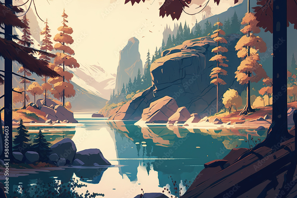 a painting of a lake surrounded by trees, concept art illustration 