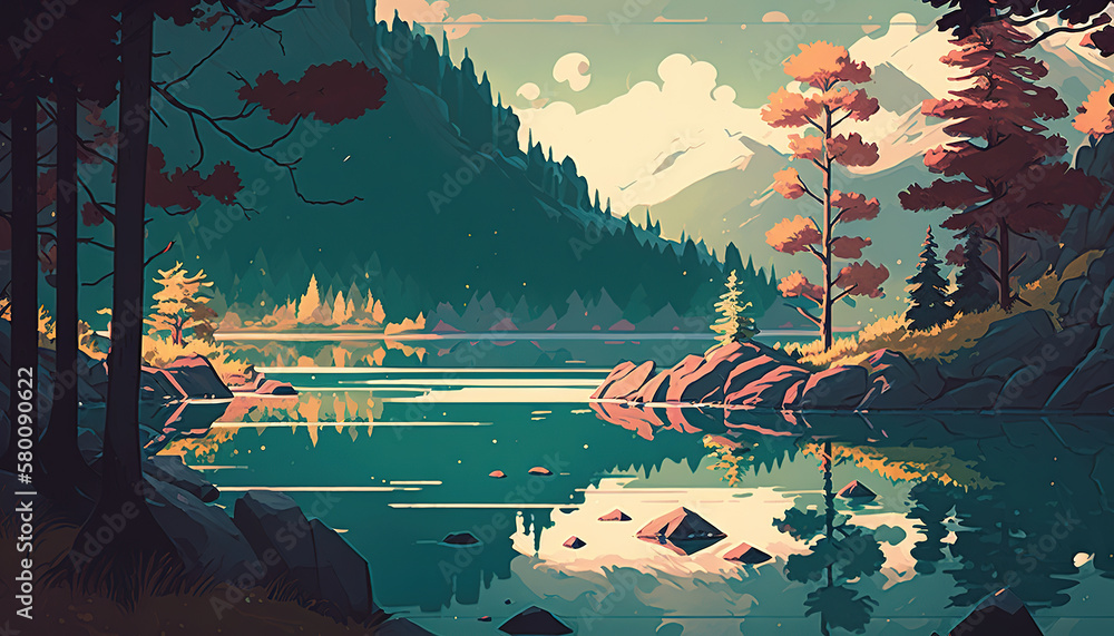 a painting of a lake surrounded by trees, concept art illustration 