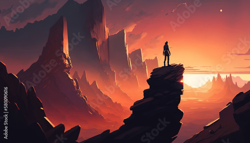 a person standing on top of a mountain at sunset, travel, art illustration 