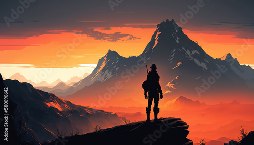 a person standing on top of a mountain at sunset, travel, art illustration  © vvalentine