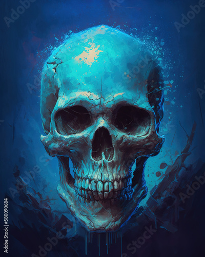 painting of a skull on a blue background, fantasy abstract art illustration 