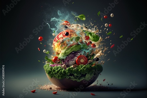 Exploring various ingredients of fresh spread out of container with isolated shading background. Concept of energy food from plant base. Finest generative AI.