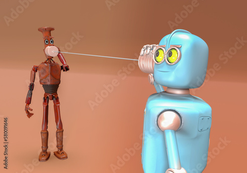 Retro two robots talking on tin can phones. 3d render