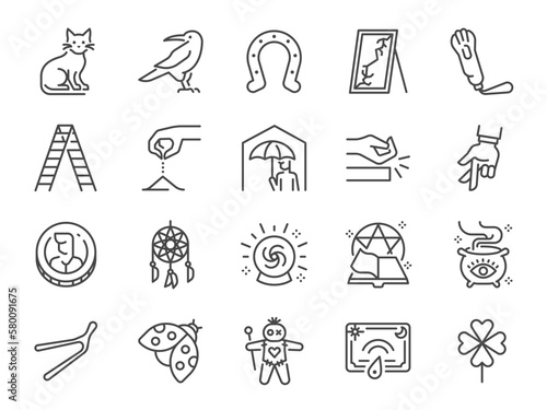 Superstitions icon set. It included icons such as crow, cat, ladder, broken mirror, salt, and more.