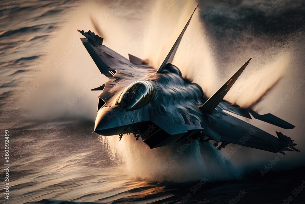 Raptor fighter Close-up shot. Raptor fighter jet flying over the Ocean ...