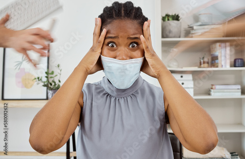 Covid, stress and business black woman with time management, information update and office workplace risk report in hands. Anxiety, burnout and headache human resources manager in covid 19 face mask