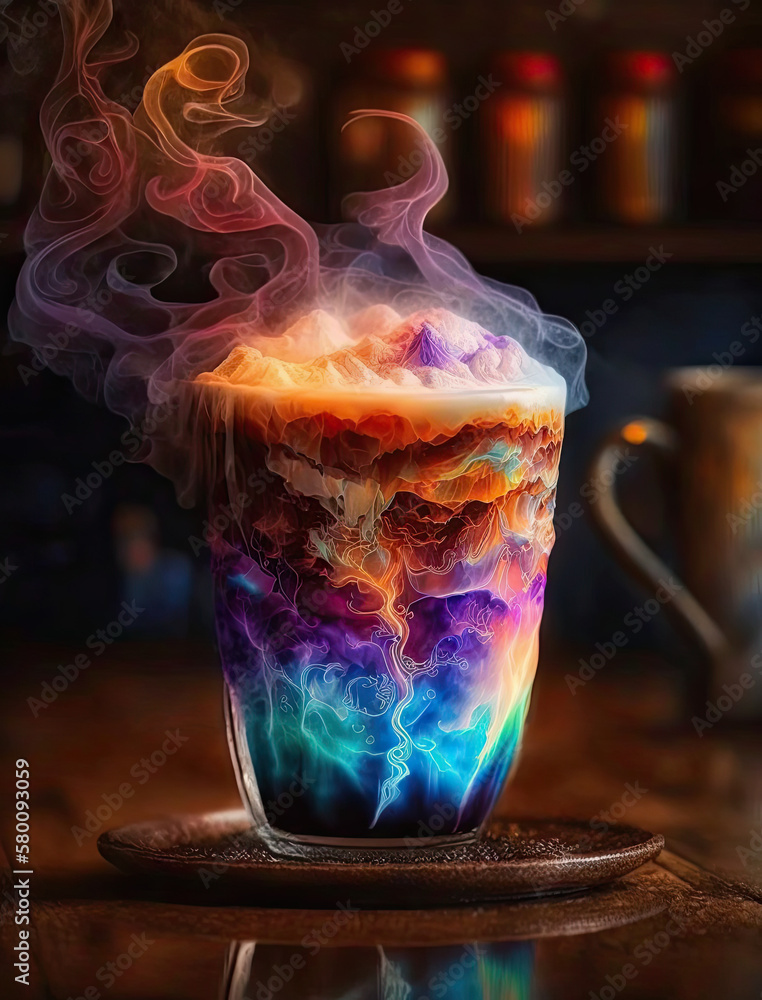 Coffee Art That Will Make You Believe in Magic, Neon Watercolor Latte Art with Steam Rising Created Using Generative Ai