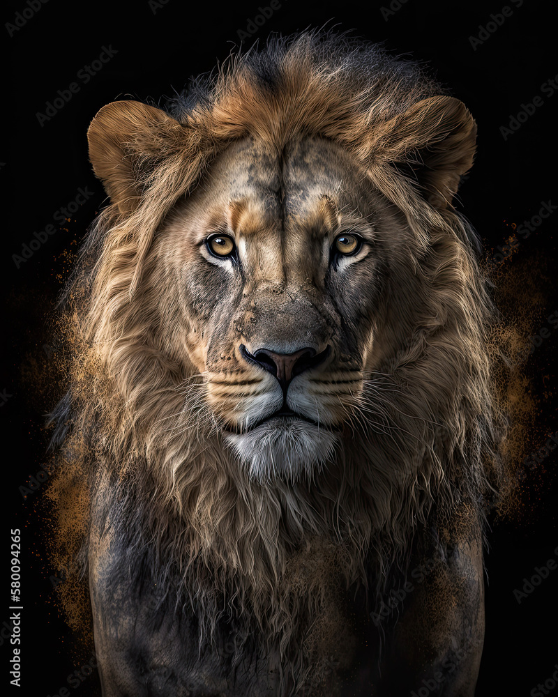 Generated photorealistic portrait of a young lion with a thick mane against a black background