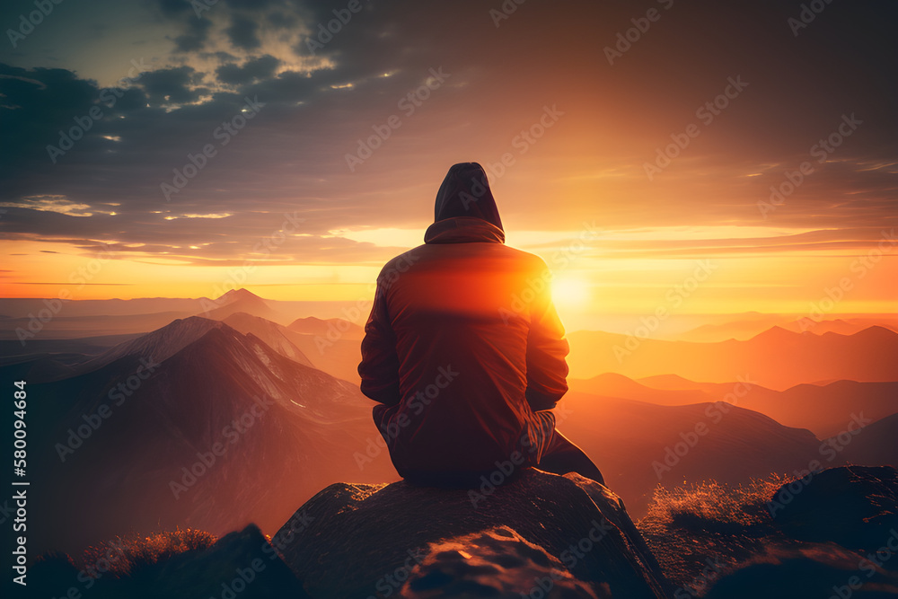 Man sitting at top of mountain as sun begins to set. Success Business Leadership. Goals, hopes and aspirations concept. Male silhouette on sunrise mountain background / Generative AI 