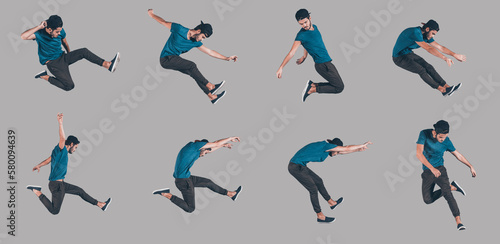 Fototapeta Naklejka Na Ścianę i Meble -  Collage of handsome young man jumping against grey background