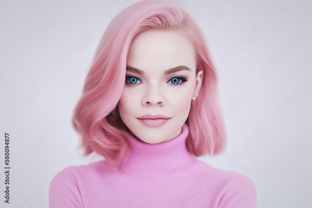 Portrait of a woman with pink hair and a pink sweater on a white background. Generative AI Portrait of a woman with pink hair and a pink sweater on a white background. Generative AI