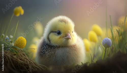 Cute baby chicken in wildflower meadow