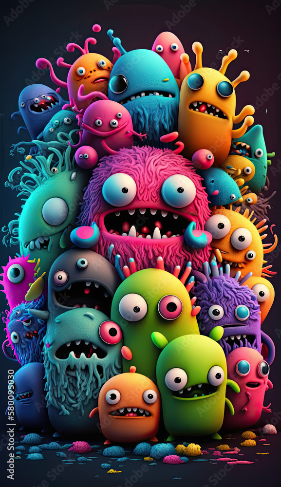 Cute Monsters in Neon Watercolor and 3D Created Using Generative Ai