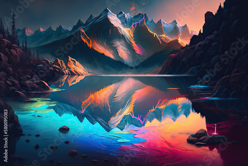 A Mesmerizing Painting of a Serene Lake and Majestic Peaks Created Using Generative Ai