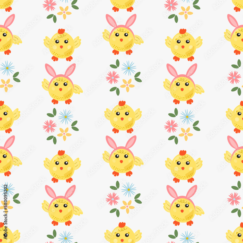 Obraz premium Funny yellow chickens with Bunny Hears in different poses seamless pattern Cartoon Easter chick seamless pattern for design of the cover, product packaging, advertising banner, postcard, printing