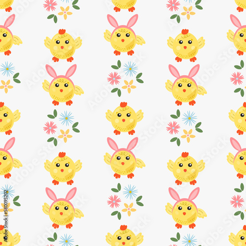 Funny yellow chickens with Bunny Hears in different poses seamless pattern Cartoon Easter chick seamless pattern for design of the cover, product packaging, advertising banner, postcard, printing