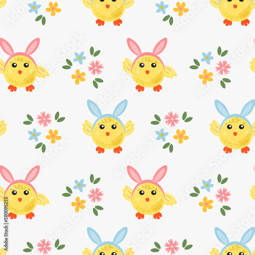 Funny yellow chickens with Bunny Hears in different poses seamless pattern Cartoon Easter chick seamless pattern for design of the cover, product packaging, advertising banner, postcard, printing