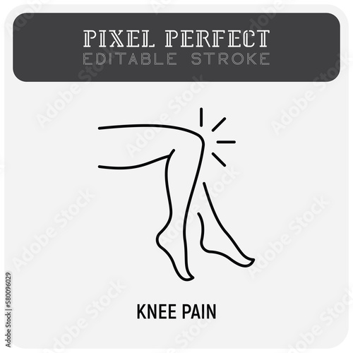Knee pain, arthritis symptom thin line icon. Joint inflammation. Pixel perfect, editable stroke. Vector illustration.