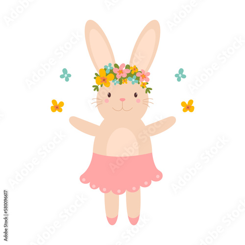 Cute girl bunny with flowers in a skirt on a white background. Dancing girl bunny